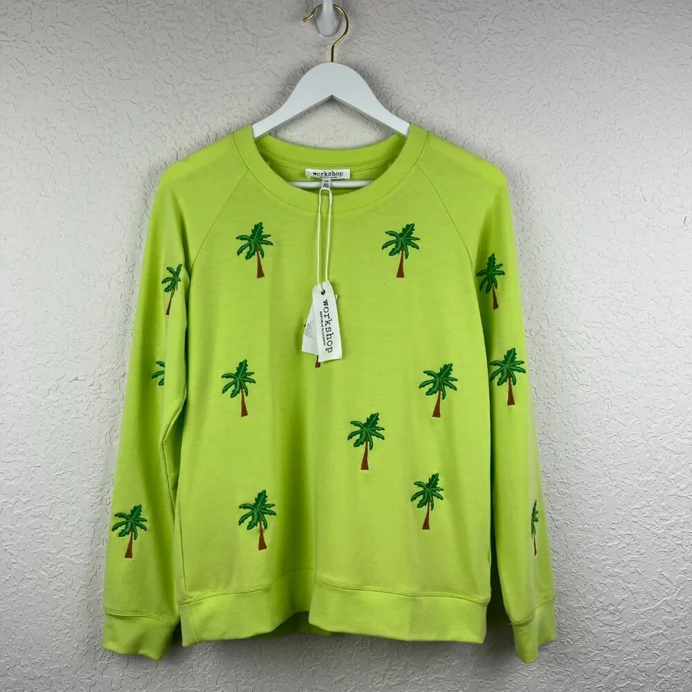 Workshop Sweater Womens Medium Green Crewneck Embroidered Palm Tree Pullover - Picture 2 of 10